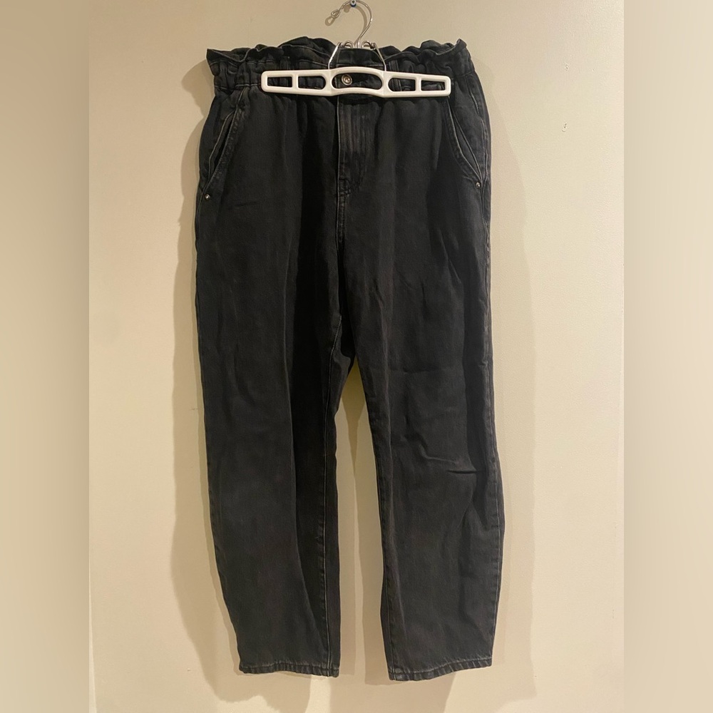 Zara Paper Bag Baggy Carrot Fit Rigid Denim Jeans Black Size 8